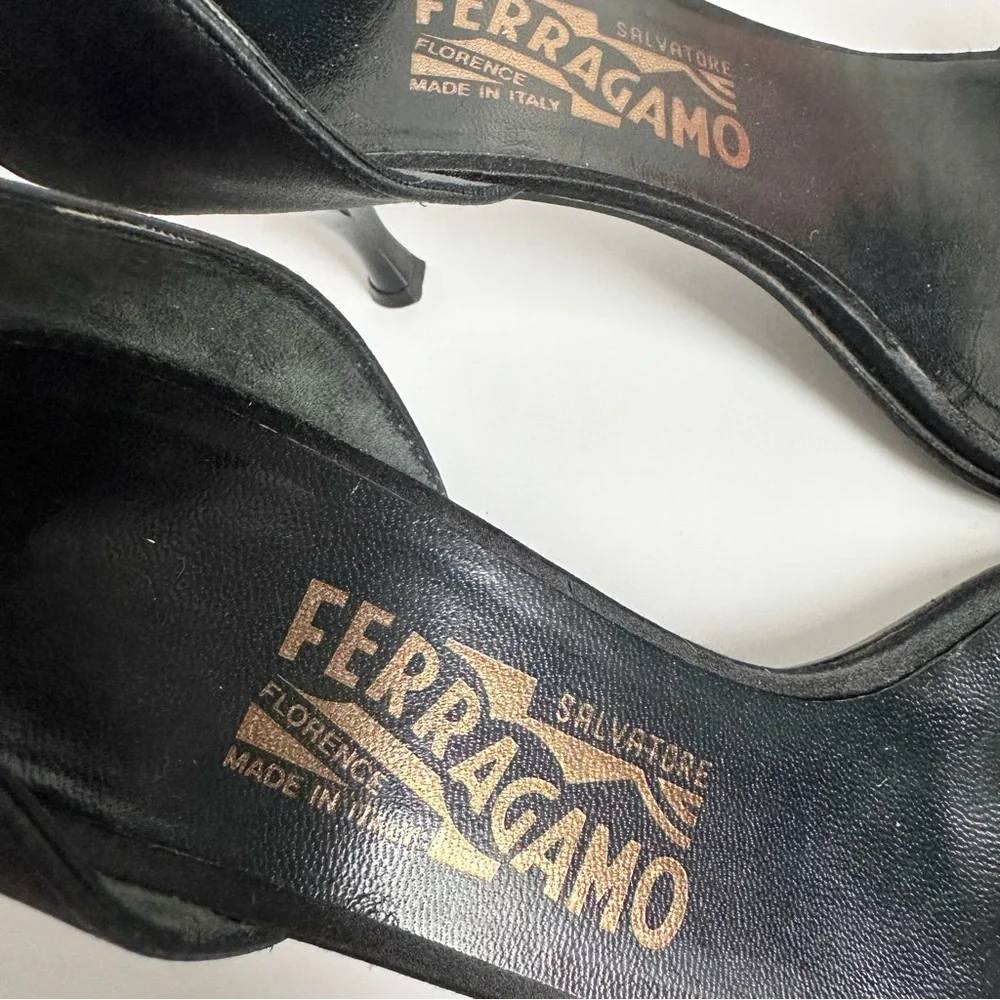 SALVATORE FERRAGAMO Black Satin D'Orsay Ruffle Open Toe High Heel Pumps